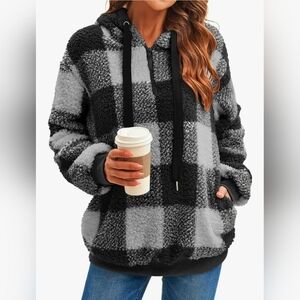 Sherpa Pullover Hoodie with Pockets Fuzzy Fleece Sweatshirt Plaid Fluffy Jacket